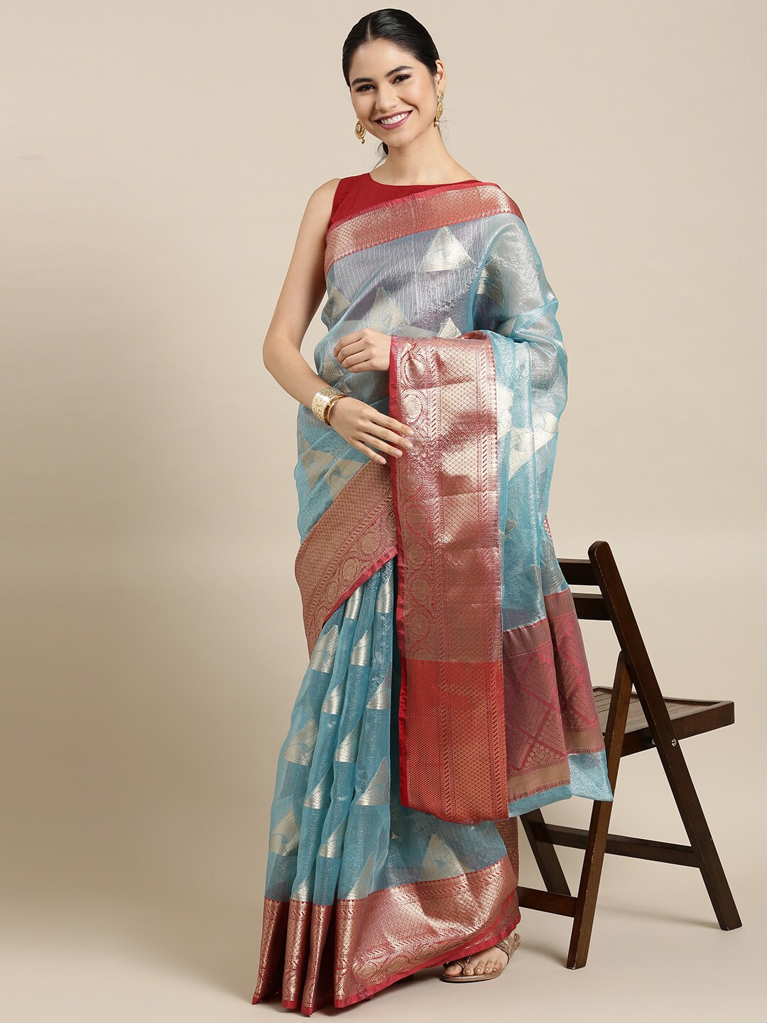 

The Chennai Silks Blue & Red Zari Organza Fusion Banarasi Saree