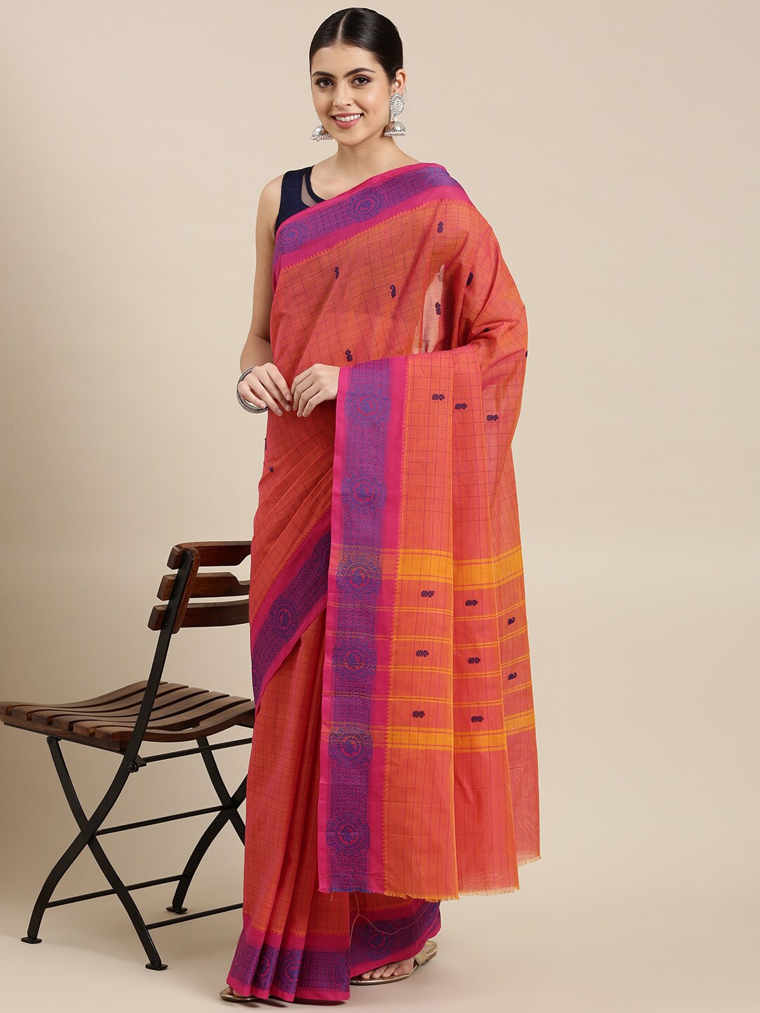 

The Chennai Silks Rust & Purple Woven Design Pure Cotton Fusion Chettinad Saree
