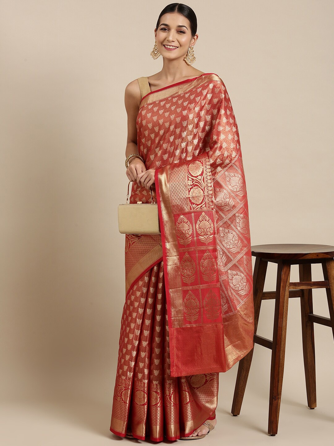 

The Chennai Silks Rust & Gold-Toned Woven Design Zari Organza Fusion Banarasi Saree