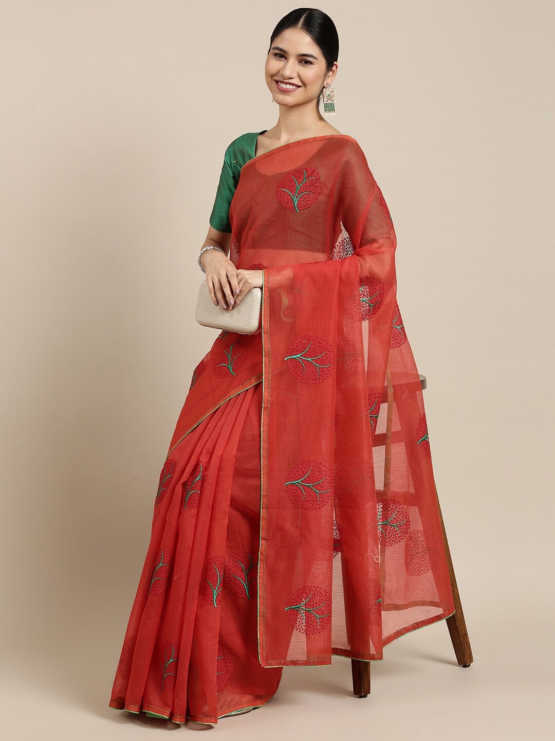 

The Chennai Silks Red & Green Floral Embroidered Supernet Fusion Kota Saree