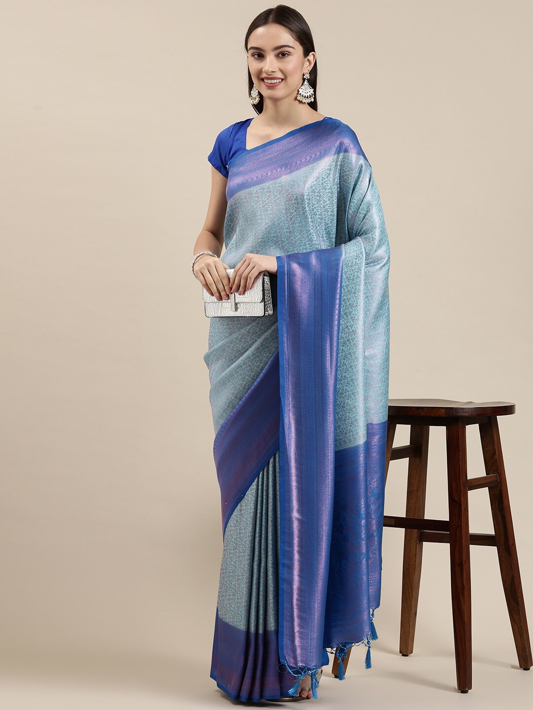 

The Chennai Silks Blue & Gold-Toned Woven Design Zari Art Silk Banarasi Saree