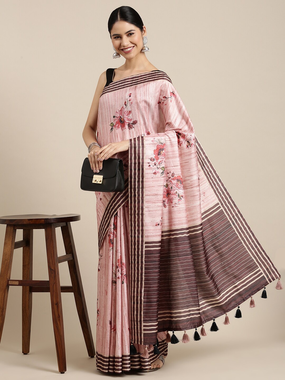 

The Chennai Silks Brown & Red Floral Pure Cotton Fusion Saree