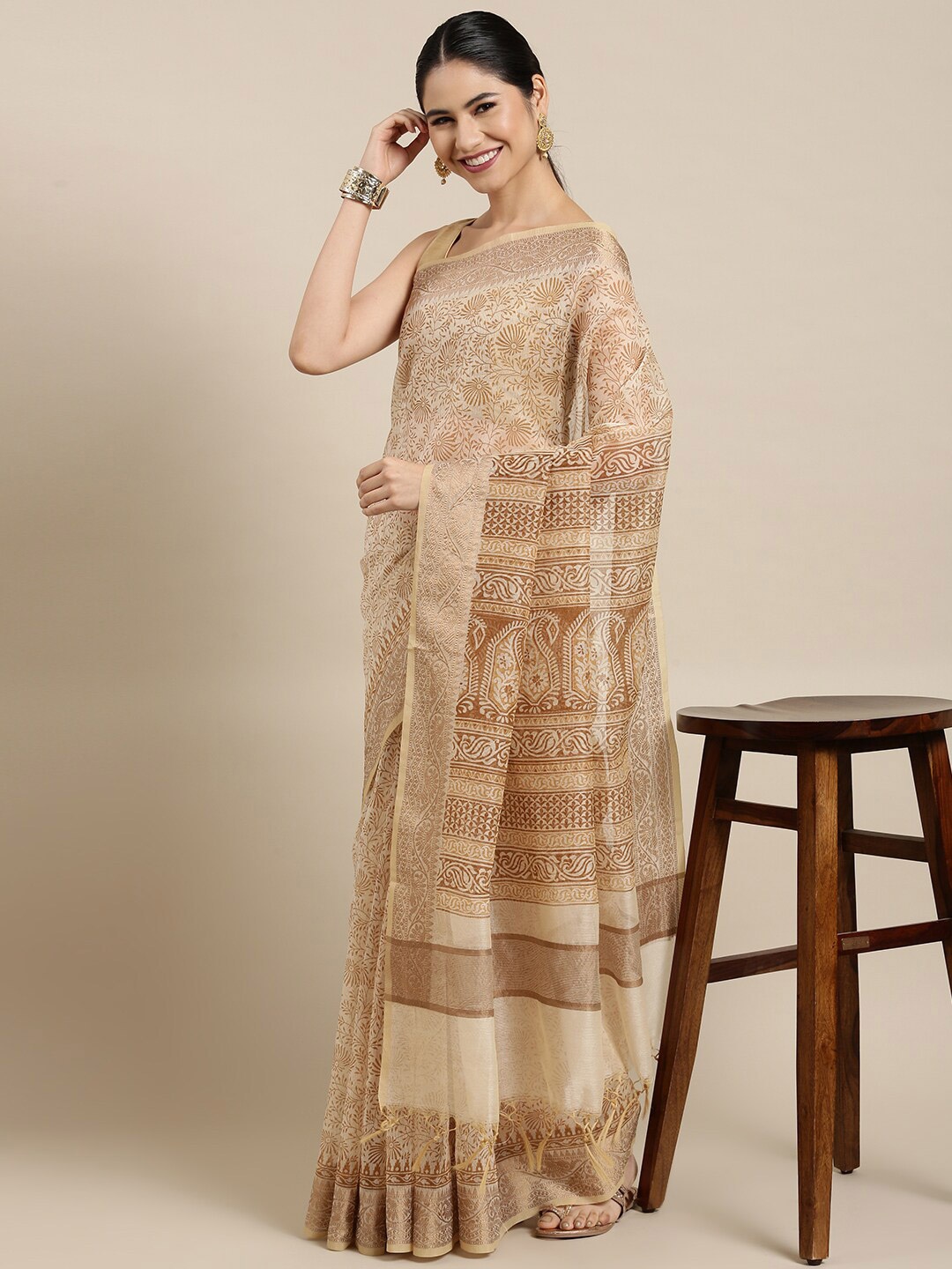 

The Chennai Silks Beige & Brown Ethnic Motifs Supernet Fusion Kota Saree