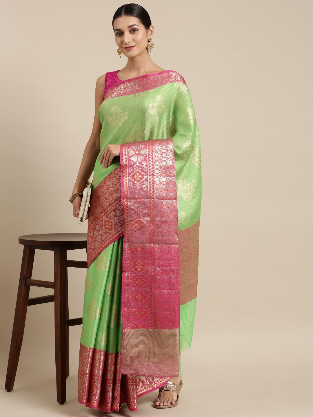 

The Chennai Silks Green & Pink Woven Design Zari Organza Banarasi Saree