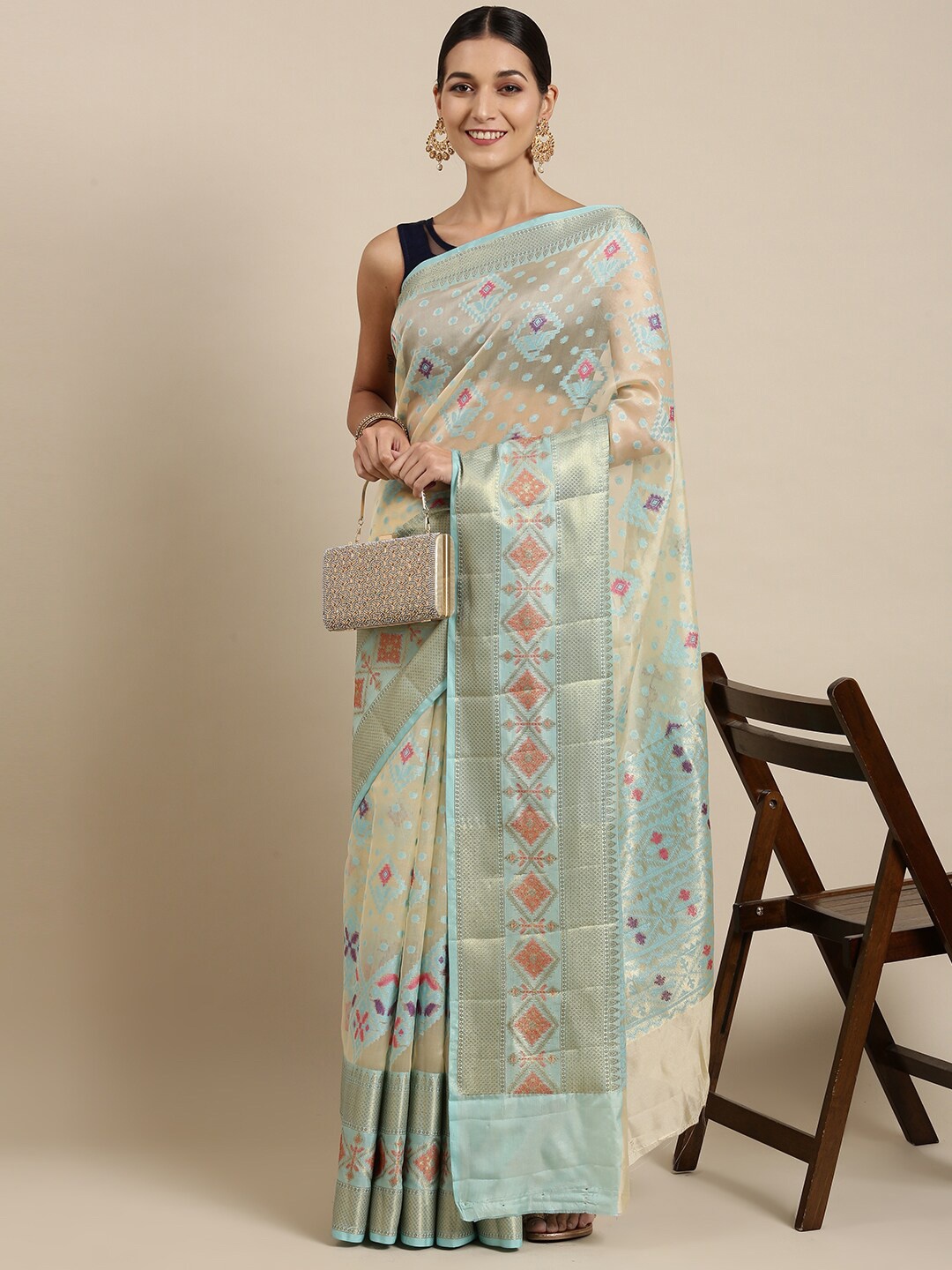 

The Chennai Silks Cream-Coloured & Blue Woven Design Zari Organza Fusion Banarasi Saree