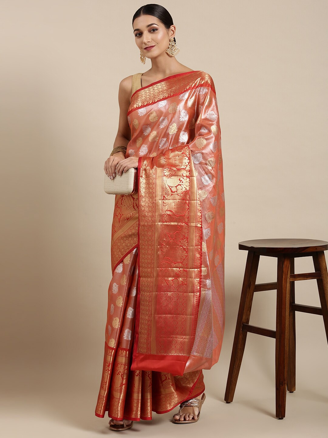 

The Chennai Silks Red & Silver-Toned Floral Zari Organza Fusion Banarasi Saree