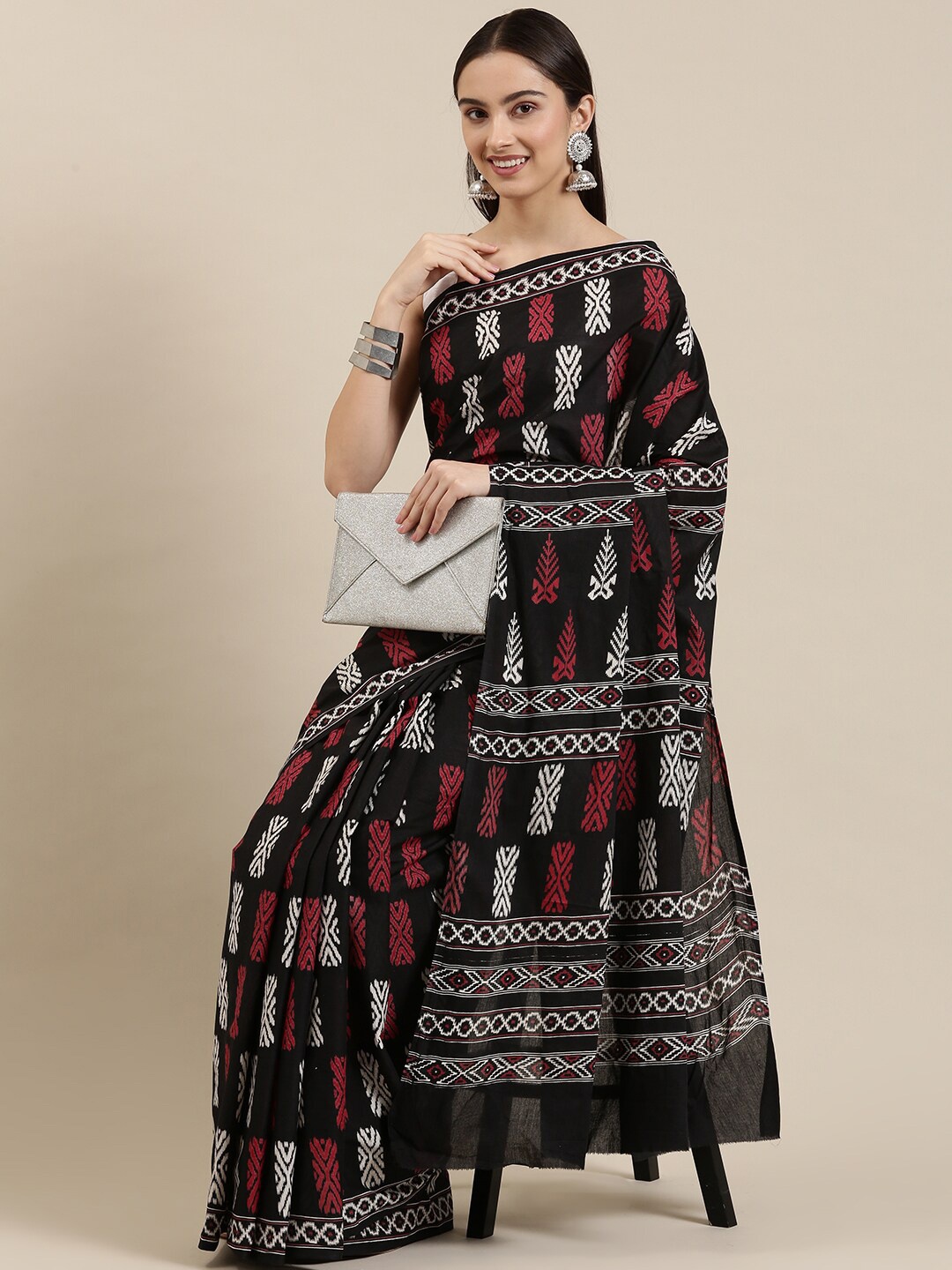 

The Chennai Silks Black & White Pure Cotton Fusion Block Print Saree