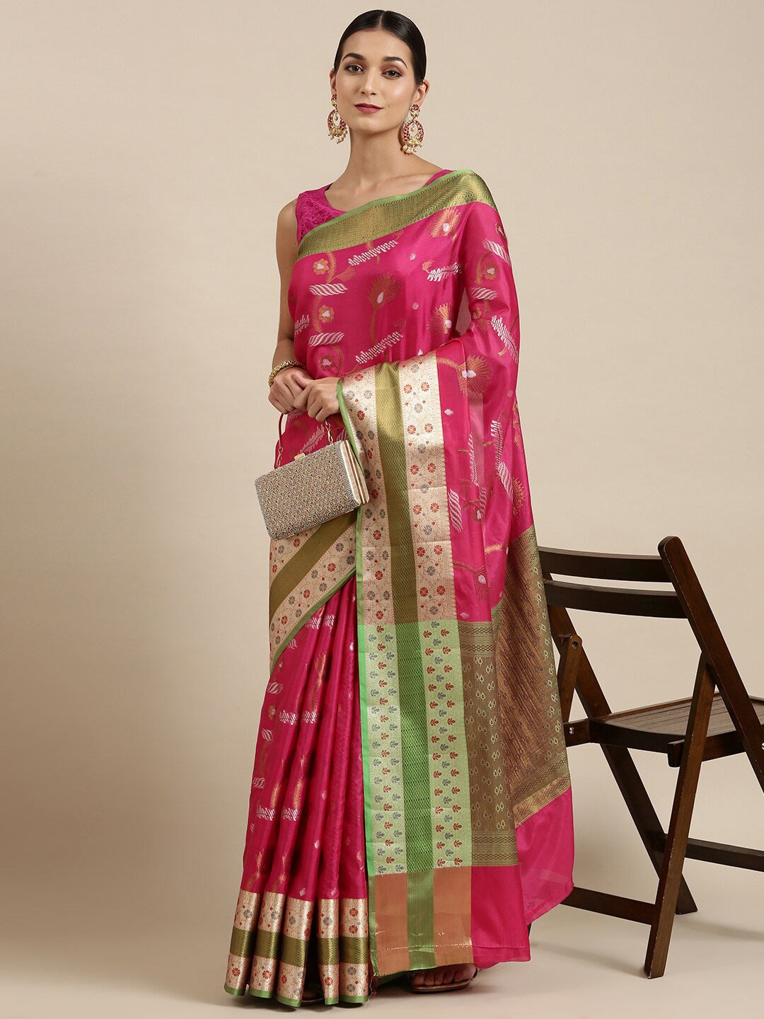 

The Chennai Silks Pink & Green Floral Zari Organza Fusion Banarasi Saree