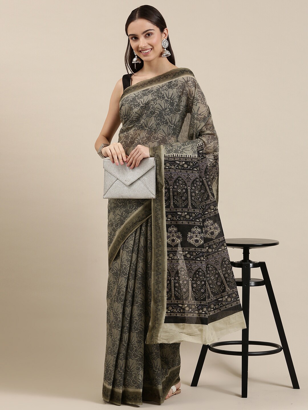 

The Chennai Silks Beige & Black Floral Pure Cotton Fusion Saree