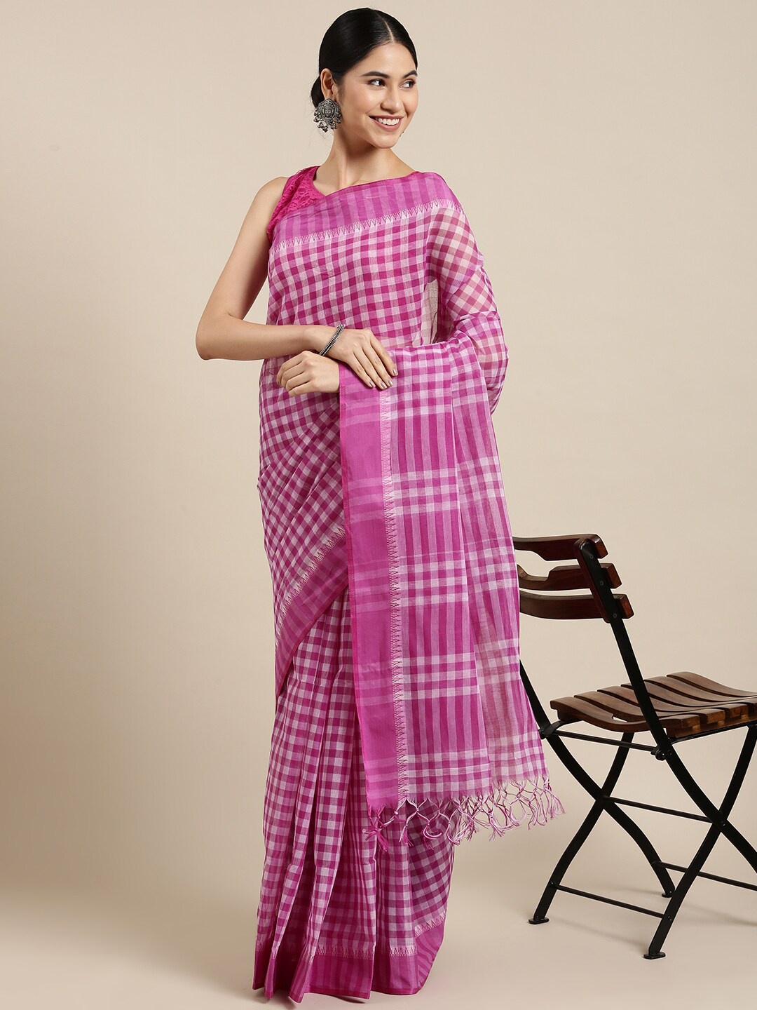 

The Chennai Silks Pink & White Checked Pure Cotton Fusion Taant Saree