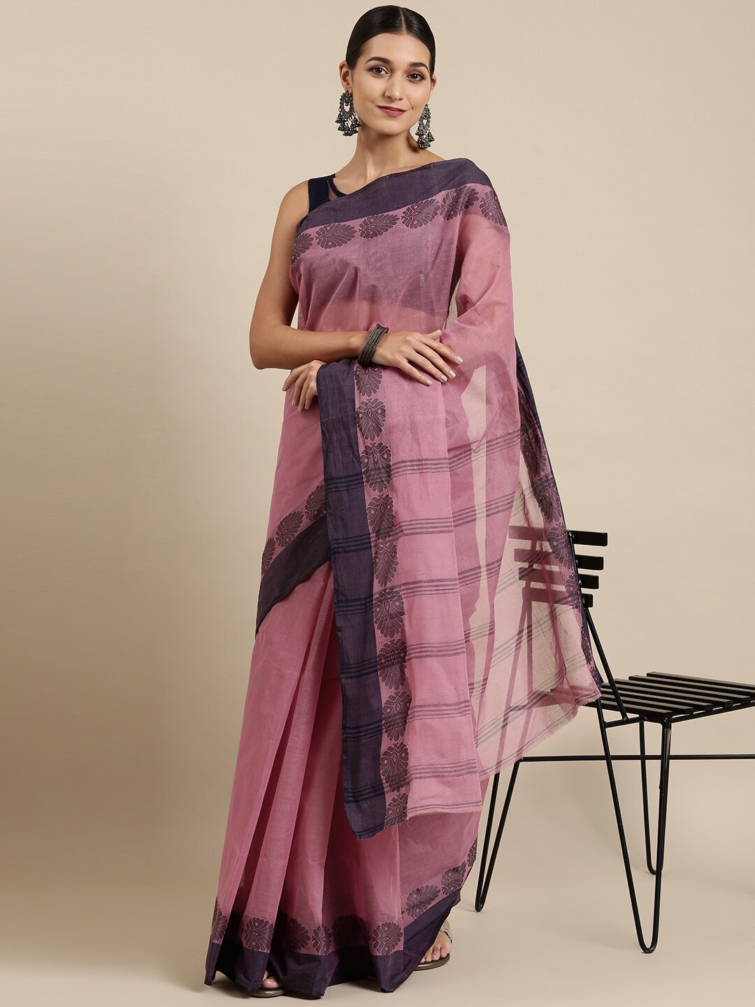 

The Chennai Silks Pink & Brown Woven Design Pure Cotton Fusion Taant Saree