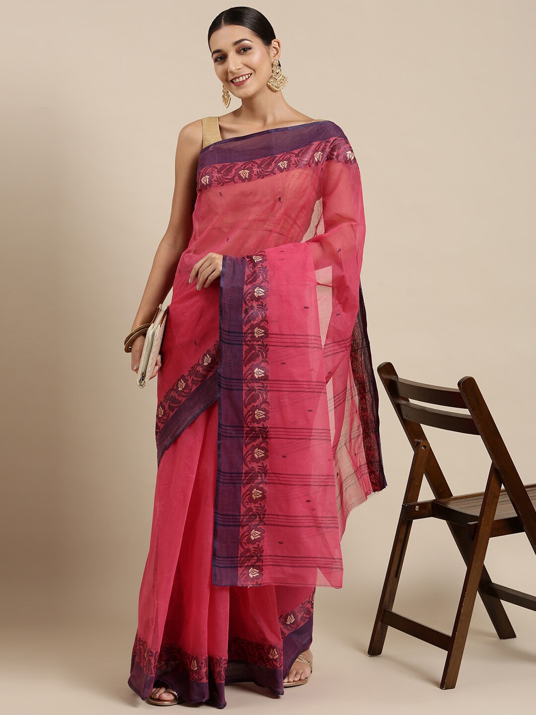

The Chennai Silks Pink & Purple Ethnic Motifs Pure Cotton Fusion Taant Saree