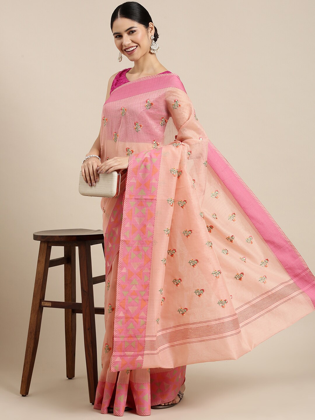 

The Chennai Silks Coral & Green Floral Embroidered Supernet Fusion Kota Saree