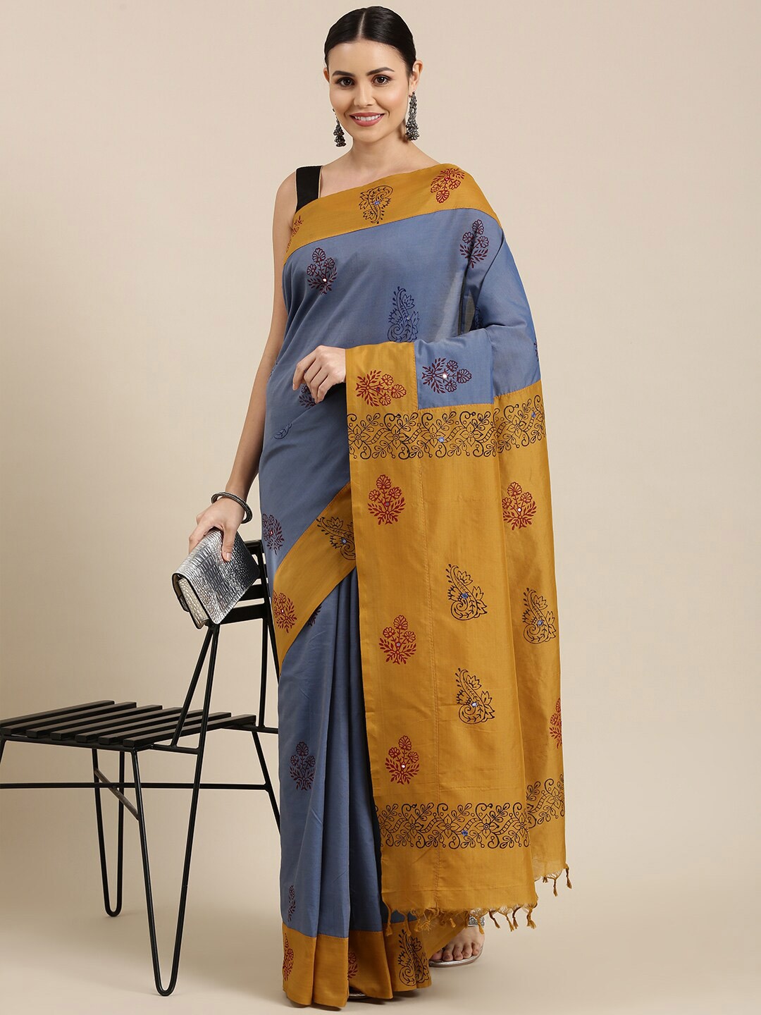 

The Chennai Silks Grey & Mustard Floral Mirror Work Fusion Block Print Saree