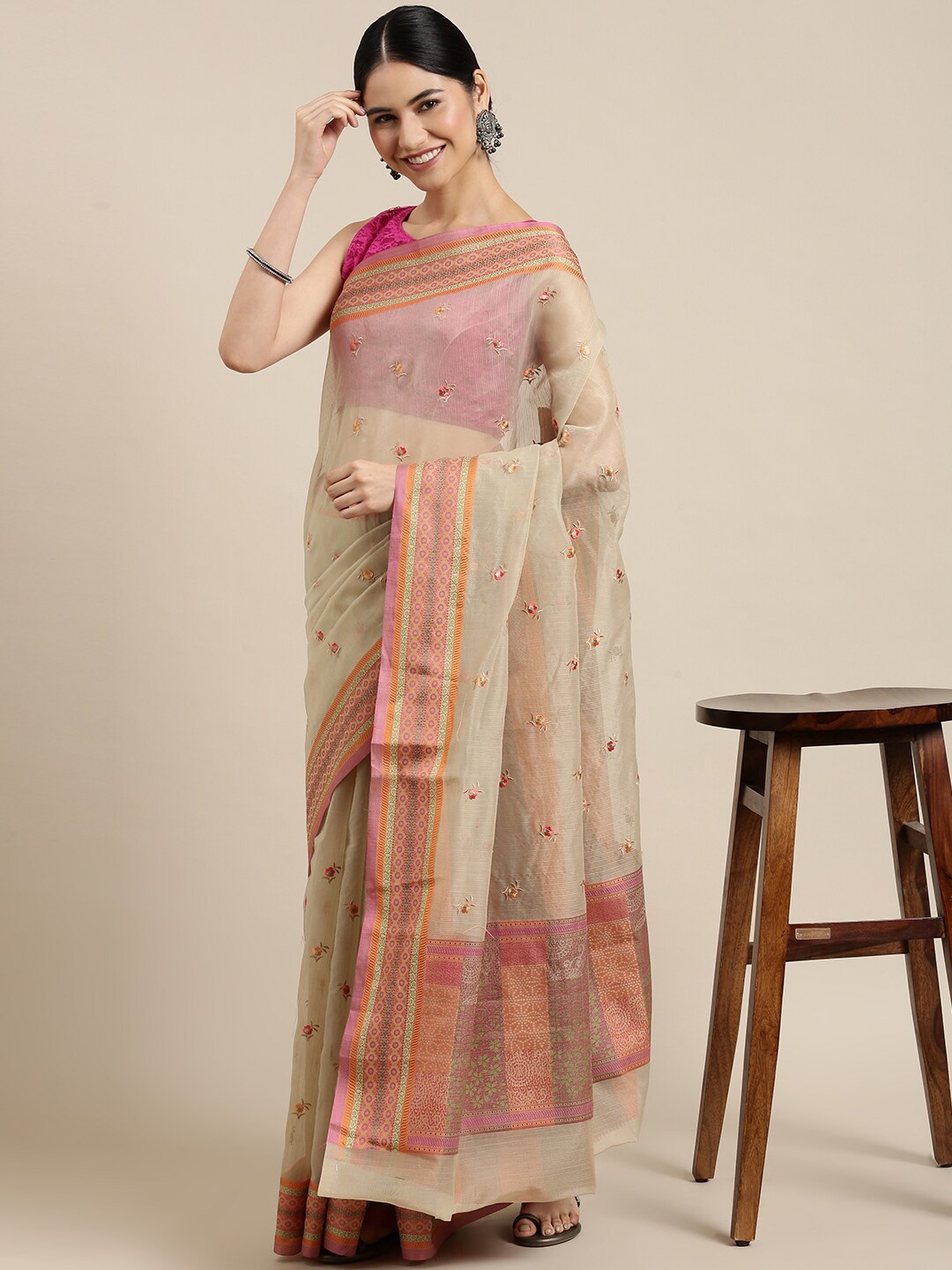 

The Chennai Silks Beige & Pink Floral Embroidered Pure Cotton Fusion Chanderi Saree