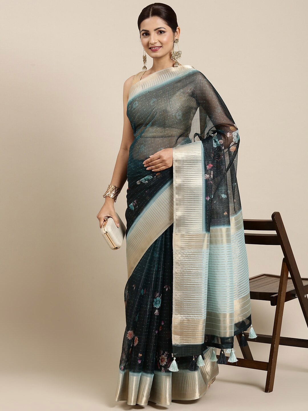 

The Chennai Silks Black & Silver-Toned Floral Zari Tissue Fusion Banarasi Saree