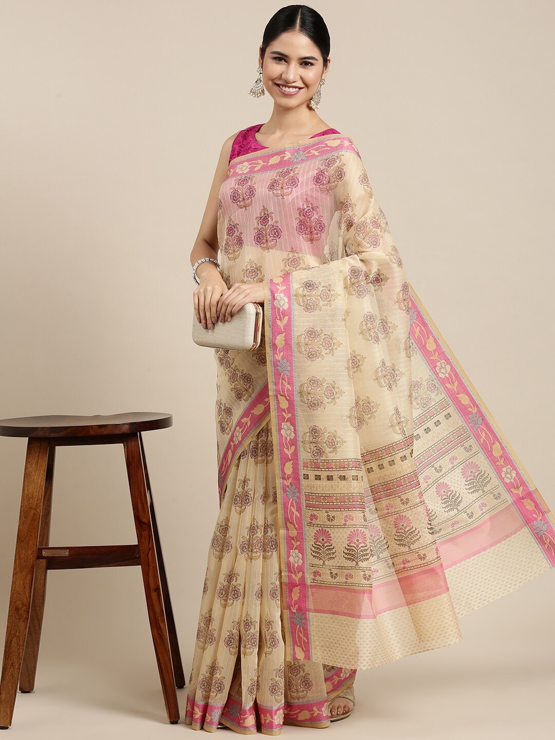 

The Chennai Silks Cream-Coloured & Pink Floral Supernet Fusion Kota Saree