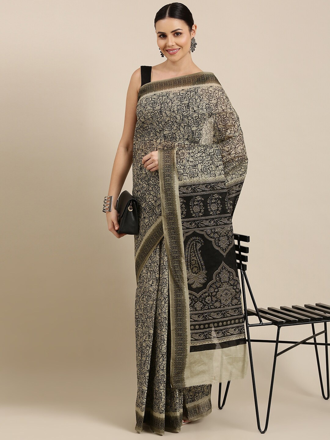 

The Chennai Silks Beige & Brown Floral Pure Cotton Fusion Saree