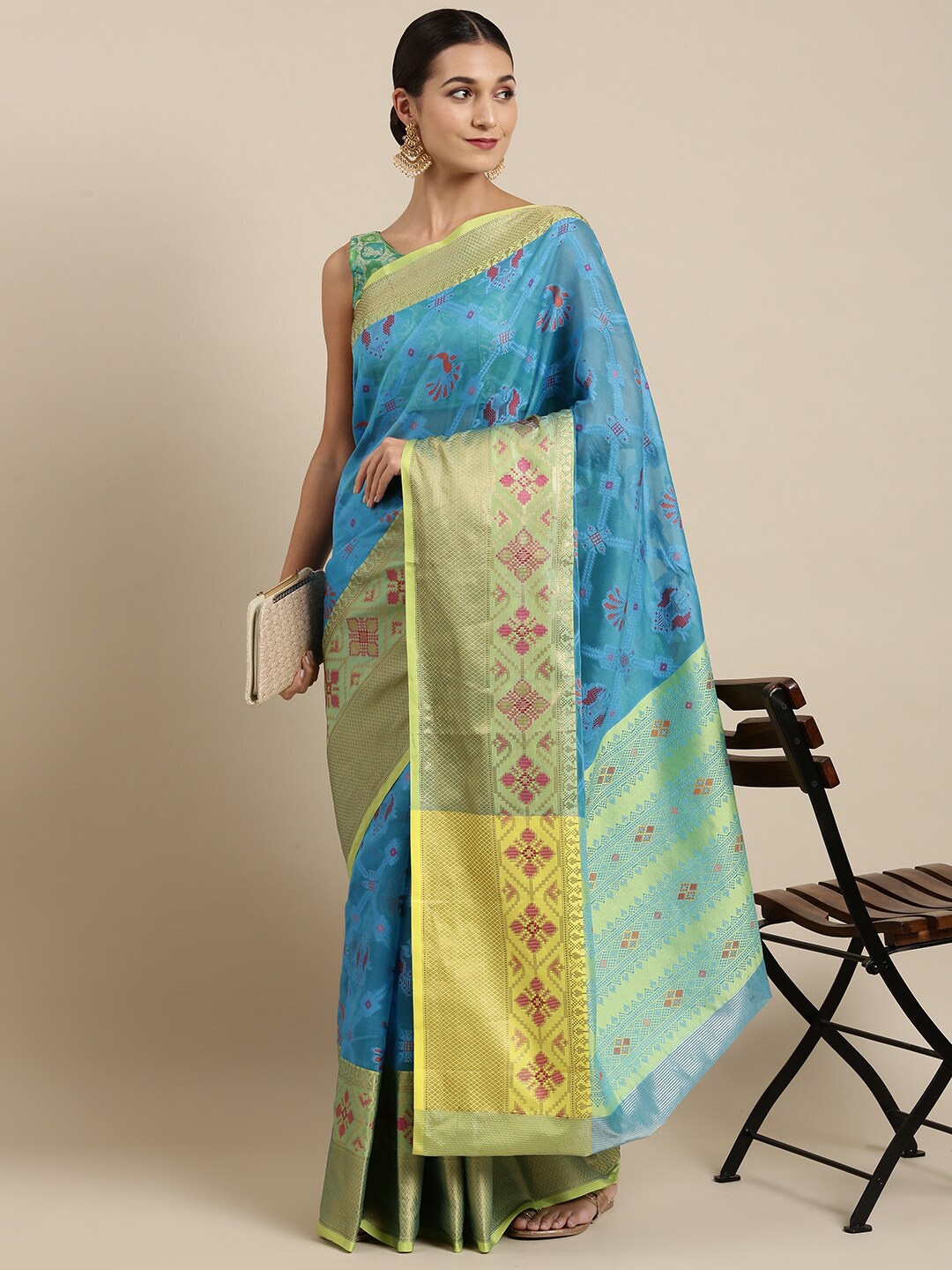 

The Chennai Silks Blue & Green Zari Organza Fusion Banarasi Saree