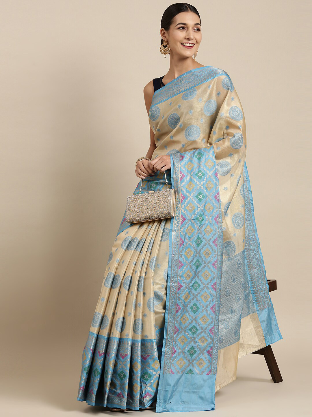 

The Chennai Silks Cream-Coloured & Blue Woven Design Zari Organza Fusion Banarasi Saree