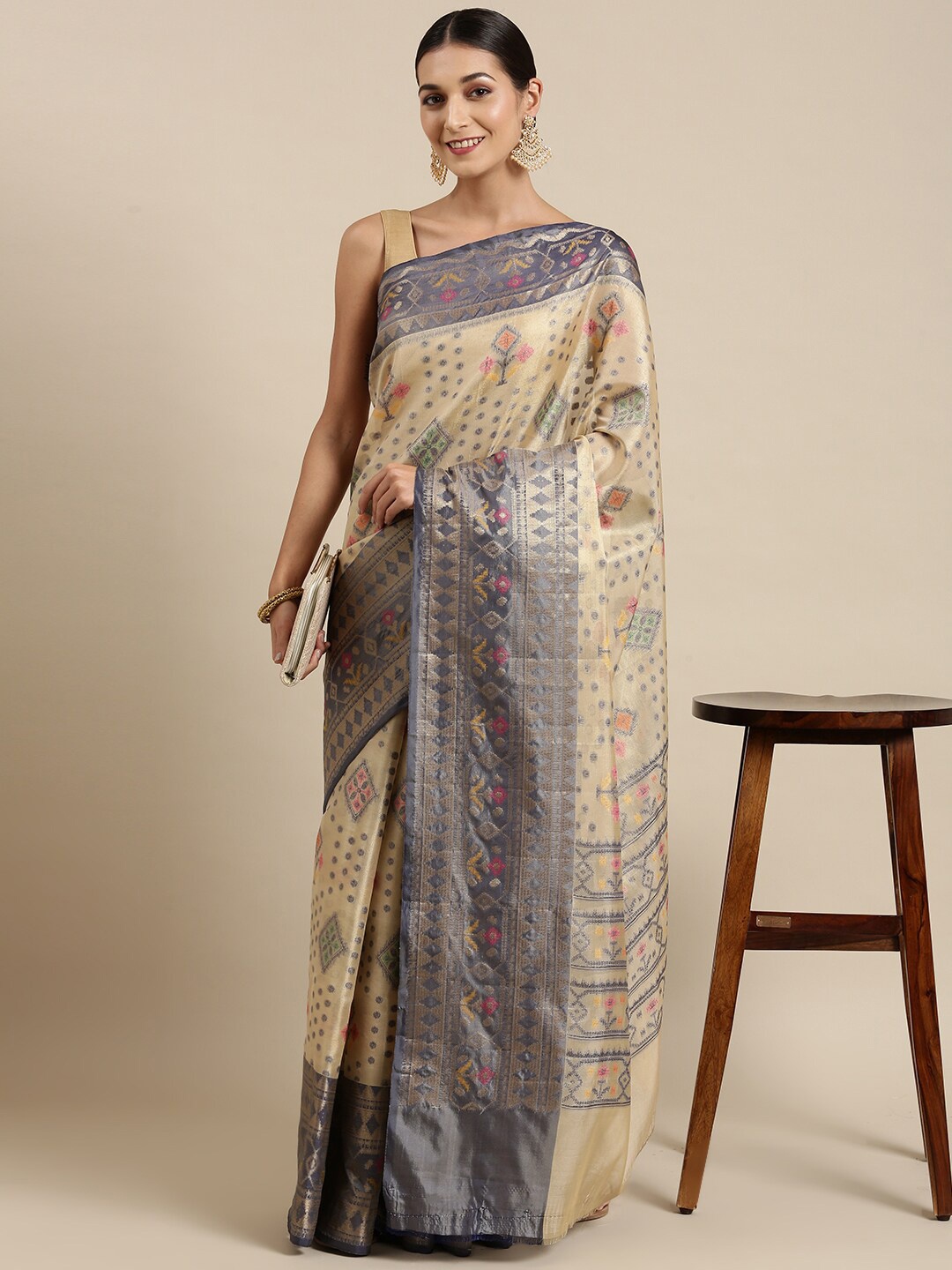 

The Chennai Silks Cream-Coloured & Grey Woven Design Zari Organza Fusion Banarasi Saree