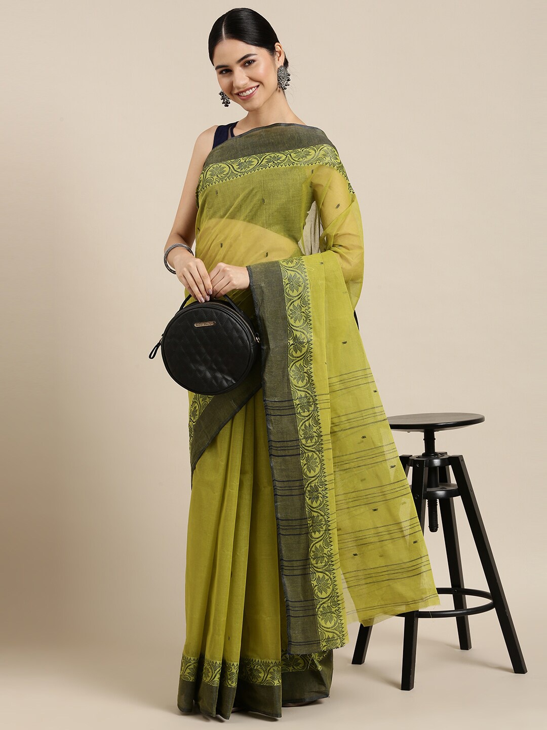 

The Chennai Silks Green & Grey Woven Design Pure Cotton Fusion Taant Saree