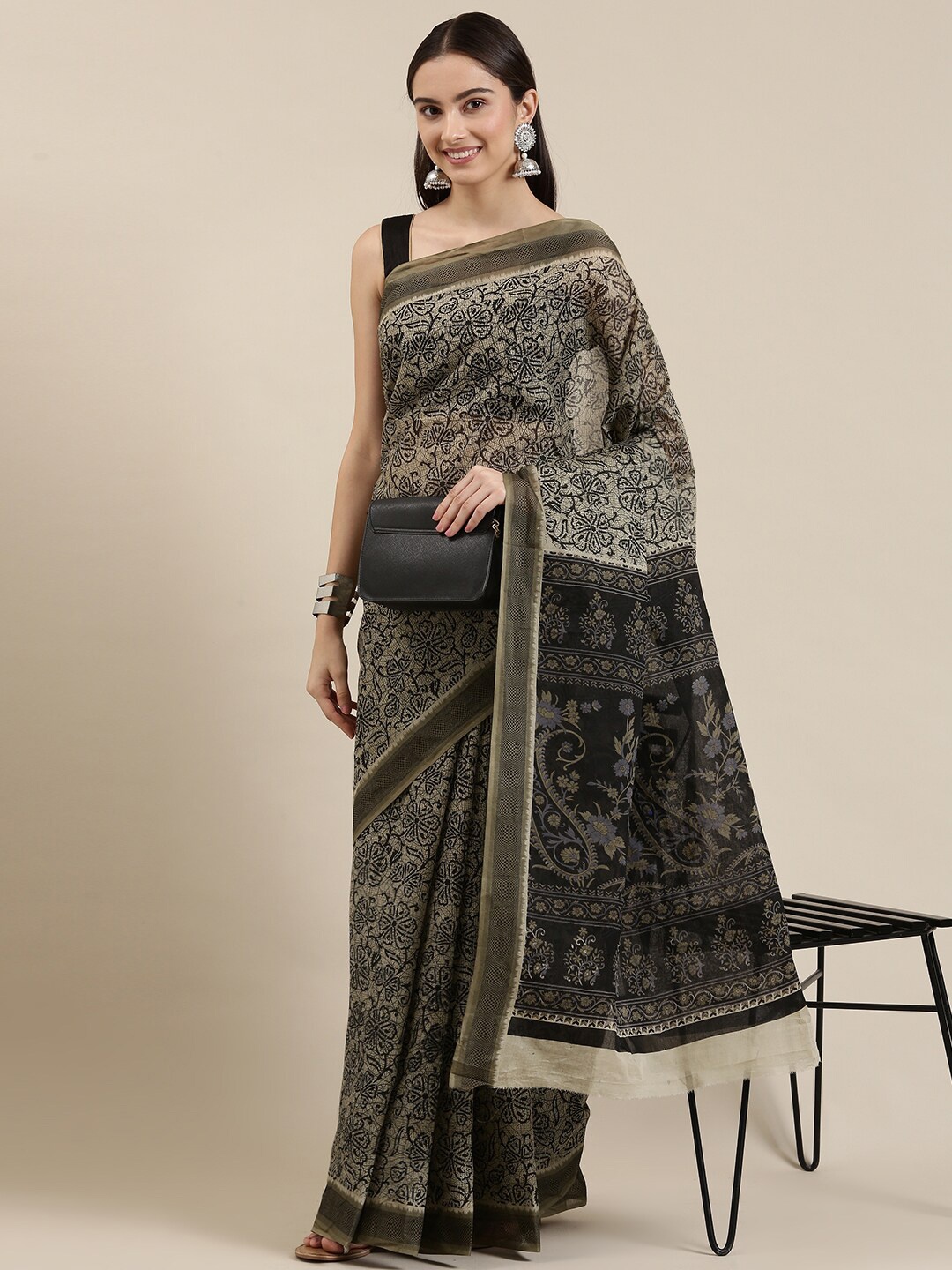 

The Chennai Silks Beige & Black Floral Pure Cotton Fusion Saree