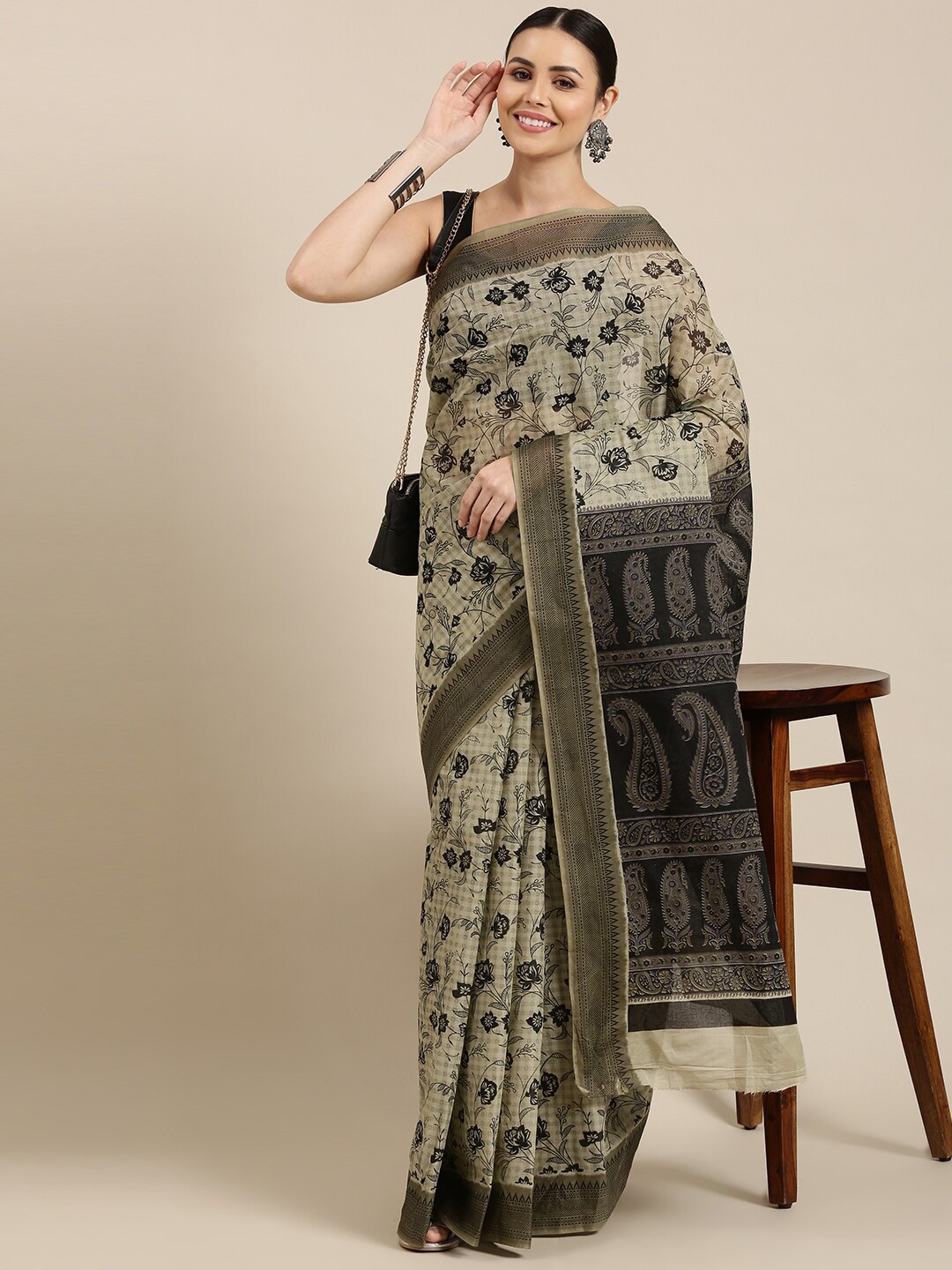 

The Chennai Silks Beige & Black Floral Pure Cotton Fusion Saree