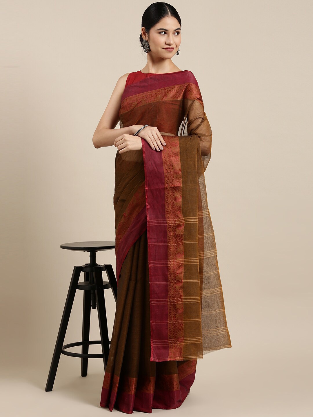 

The Chennai Silks Mustard & Copper-Toned Pure Cotton Fusion Taant Saree