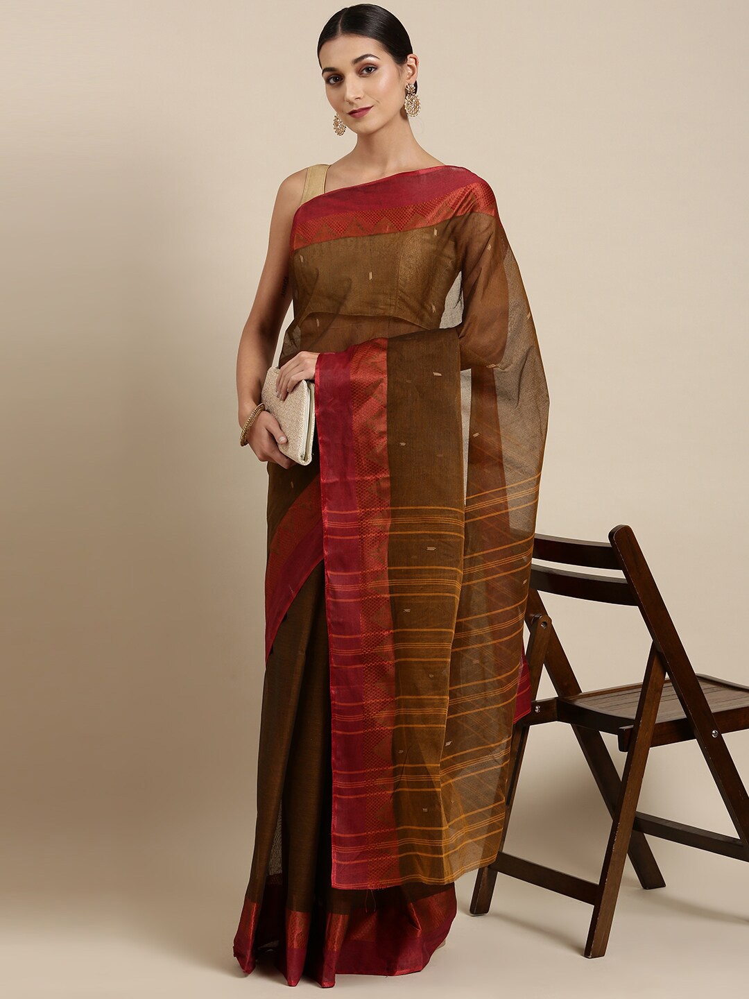 

The Chennai Silks Mustard & Brown Woven Design Pure Cotton Fusion Taant Saree