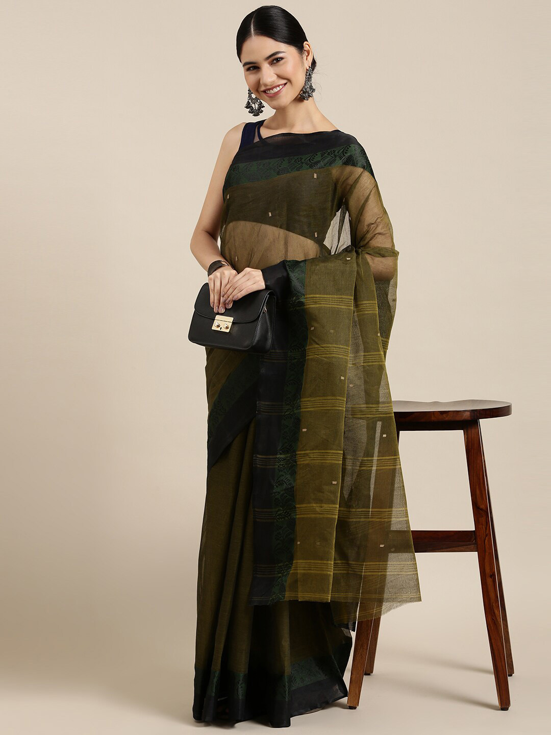 

The Chennai Silks Green & Yellow Ethnic Motifs Pure Cotton Fusion Taant Saree