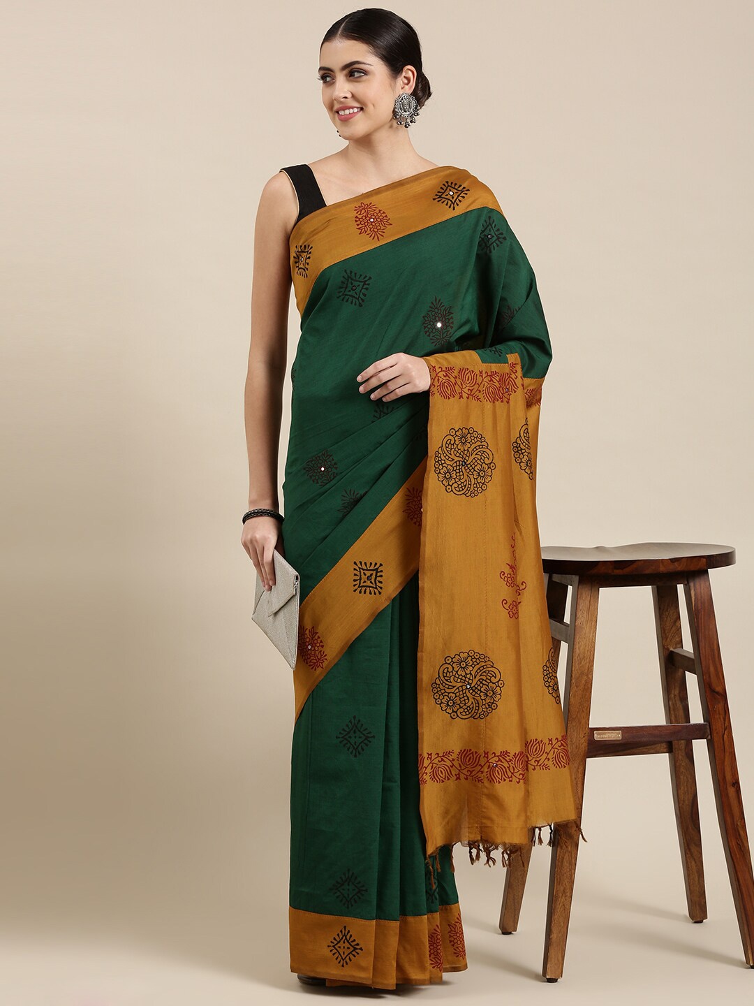 

The Chennai Silks Green & Mustard Floral Mirror Work Fusion Block Print Saree