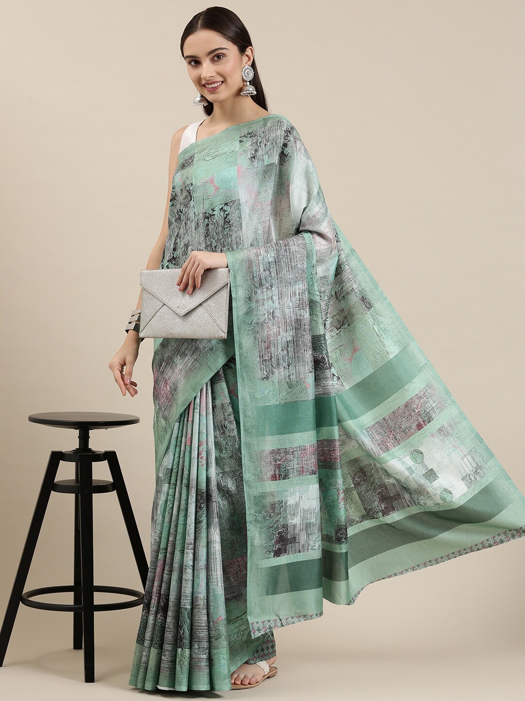

The Chennai Silks White & Green Pure Cotton Fusion Saree
