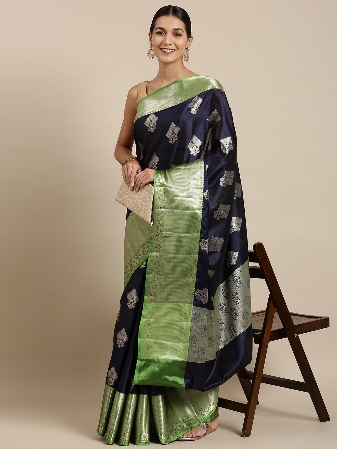 

The Chennai Silks Navy Blue & Green Woven Design Zari Organza Fusion Banarasi Saree