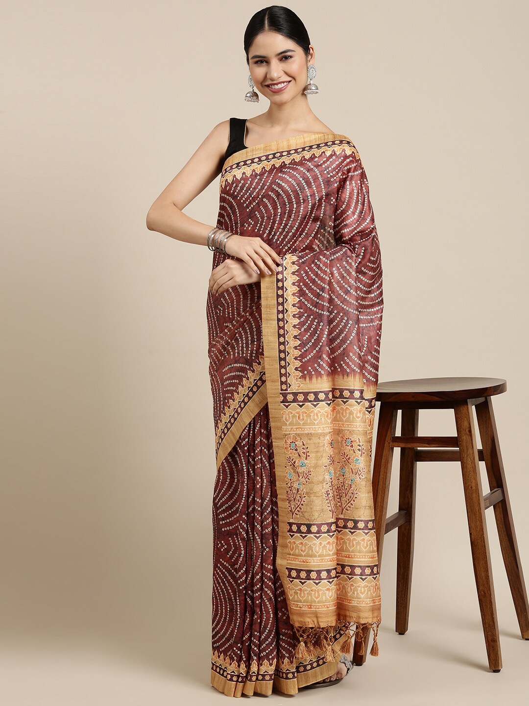 

The Chennai Silks Brown & White Bandhani Pure Cotton Fusion Saree