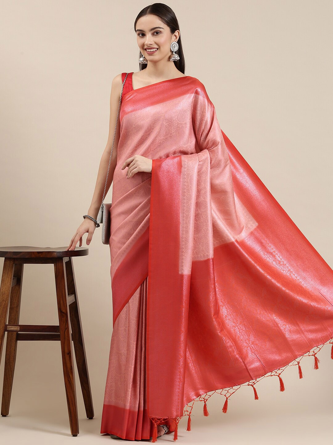 

The Chennai Silks Coral Pink & Silver-Toned Woven Design Zari Art Silk Banarasi Saree