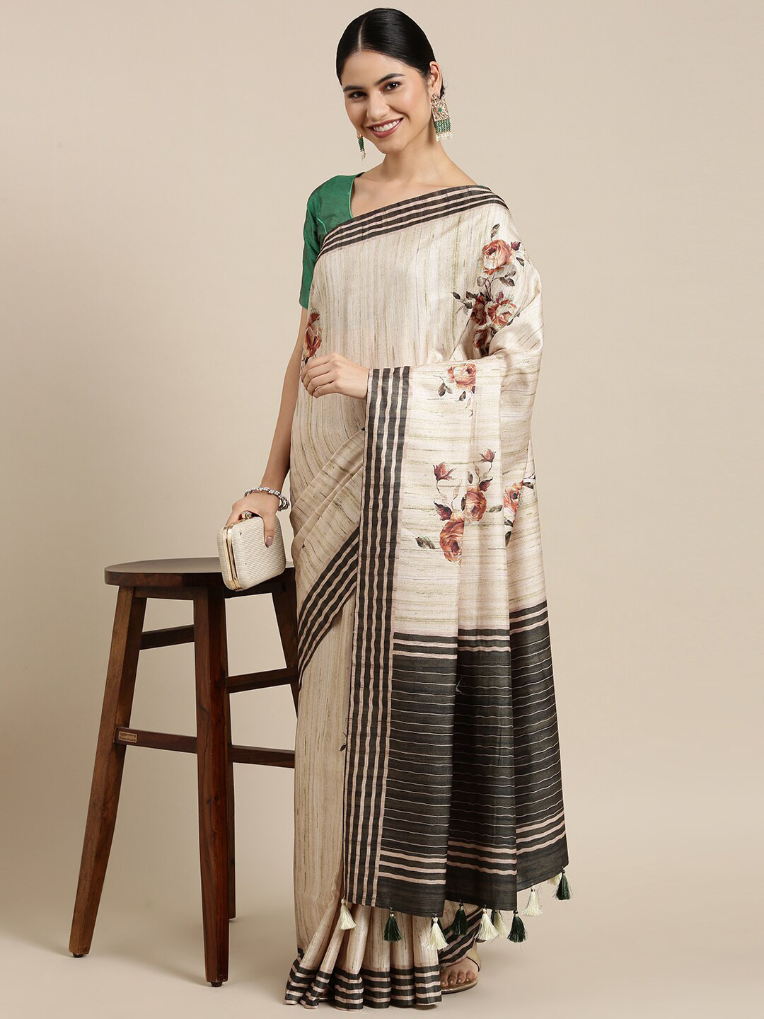 

The Chennai Silks Cream-Coloured & Black Floral Pure Cotton Fusion Saree