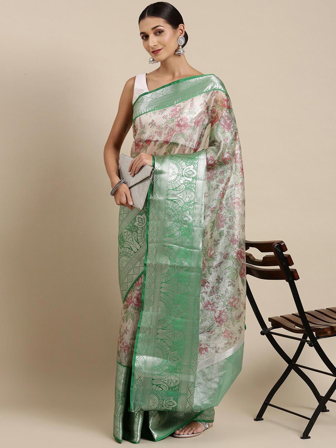 

The Chennai Silks Silver-Toned & Green Floral Zari Organza Banarasi Saree