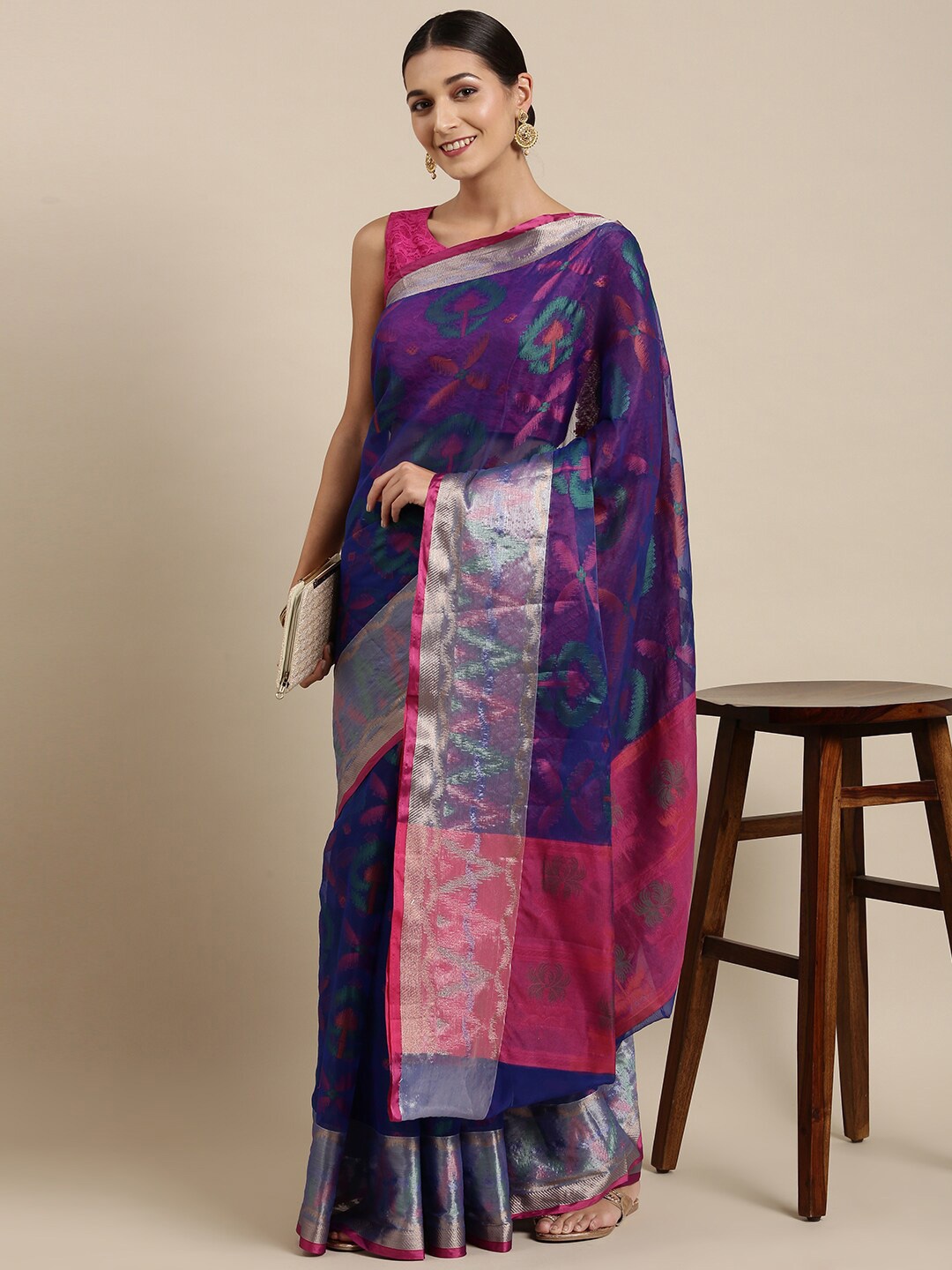 

The Chennai Silks Blue & Pink Woven Design Schiffli Organza Fusion Banarasi Saree