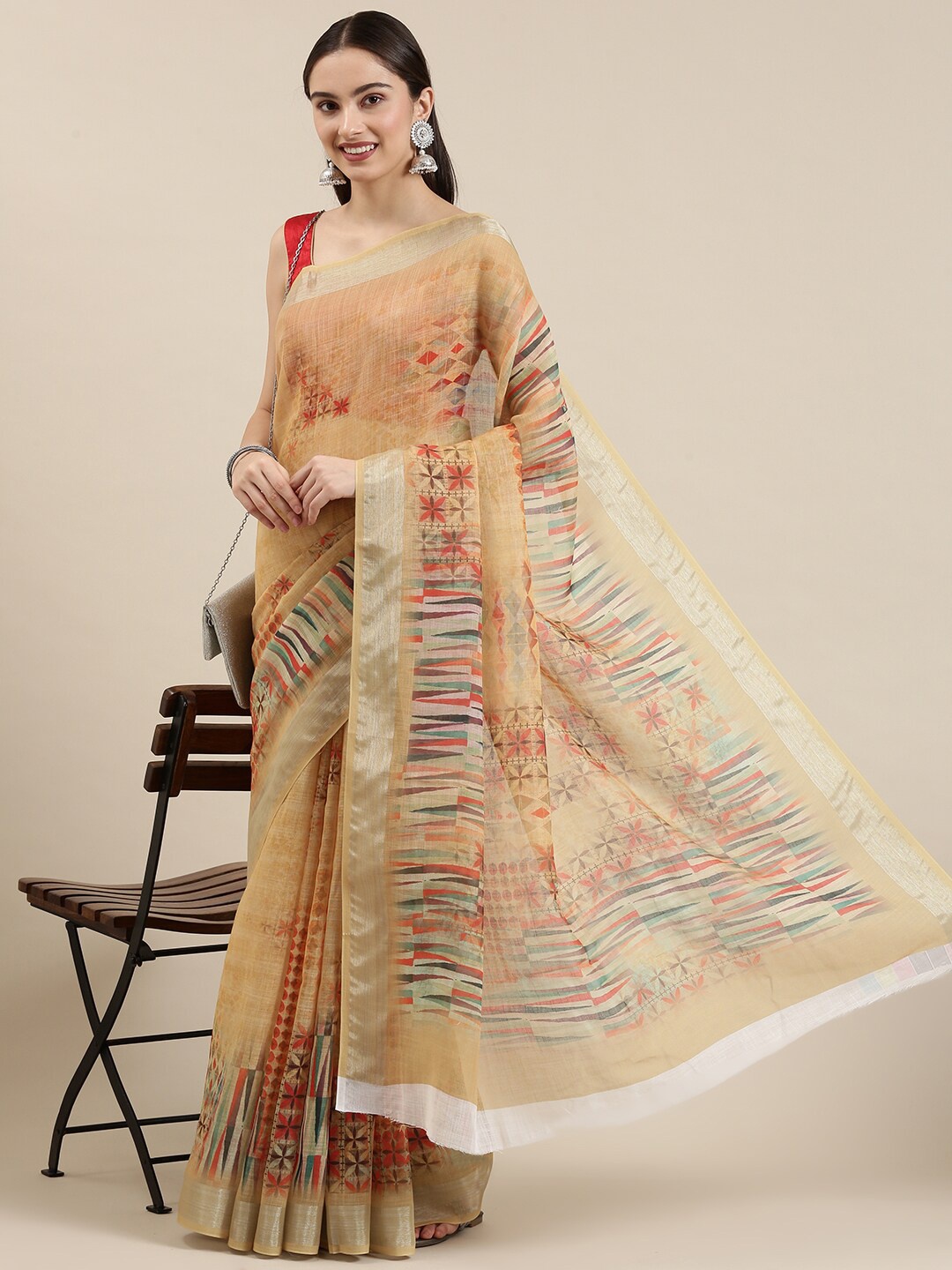 

The Chennai Silks Beige & Red Zari Pure Cotton Saree