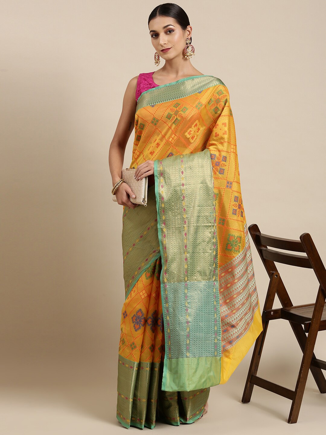 

The Chennai Silks Yellow & Green Woven Design Zari Organza Fusion Banarasi Saree