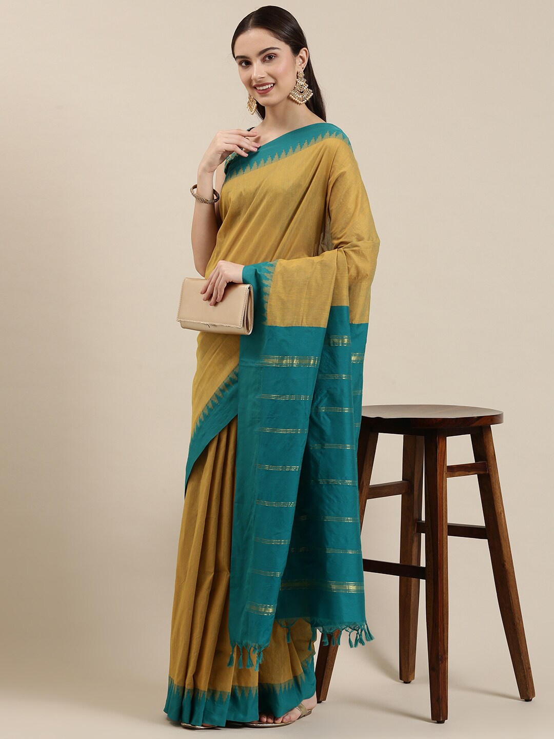 

The Chennai Silks Mustard & Blue Polycotton Kalyani Saree