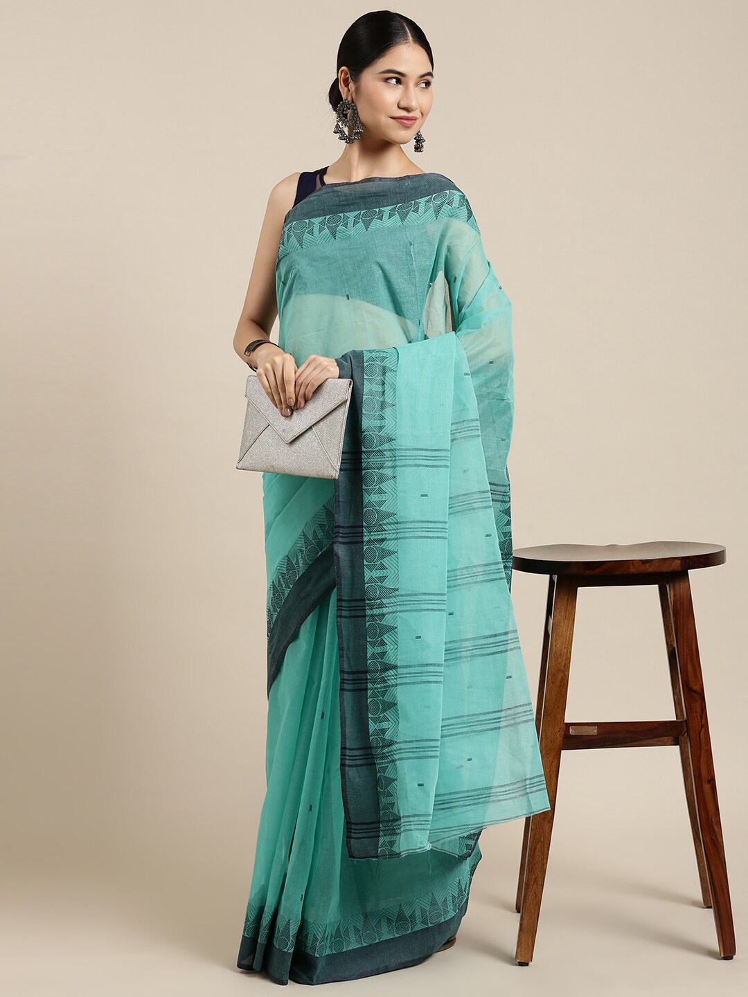 

The Chennai Silks Sea Green Ethnic Motifs Pure Cotton Fusion Taant Saree