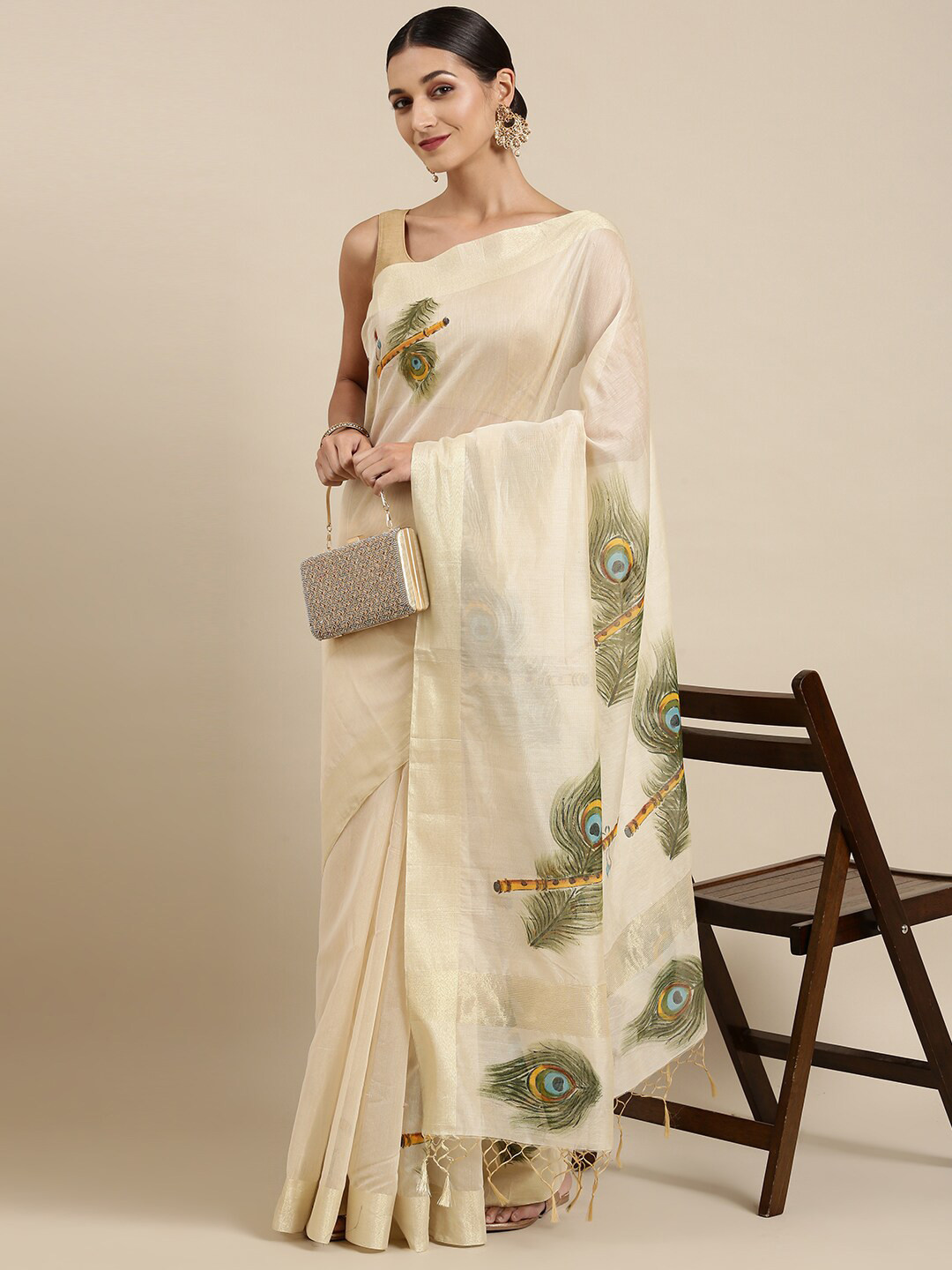 

The Chennai Silks Beige & Green Ethnic Motifs Zari Pure Cotton Chanderi Saree
