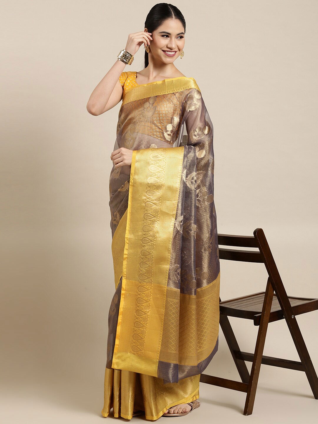 

The Chennai Silks Black & Gold-Toned Woven Design Zari Organza Fusion Banarasi Saree