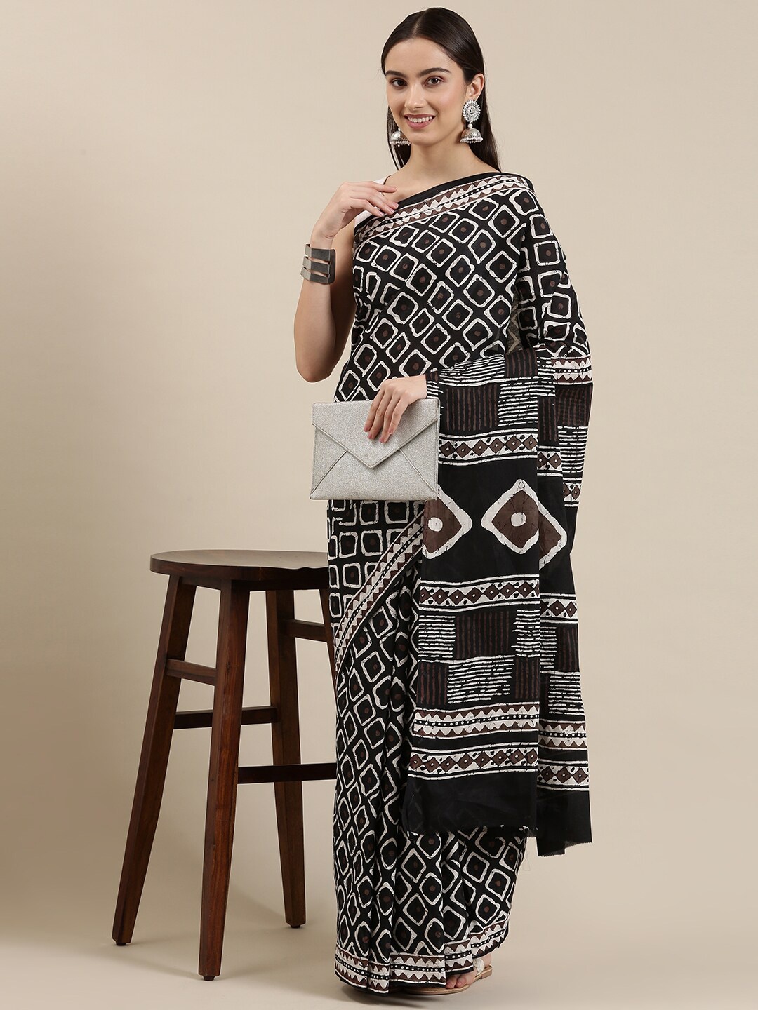 

The Chennai Silks Black & White Batik Pure Cotton Fusion Saree