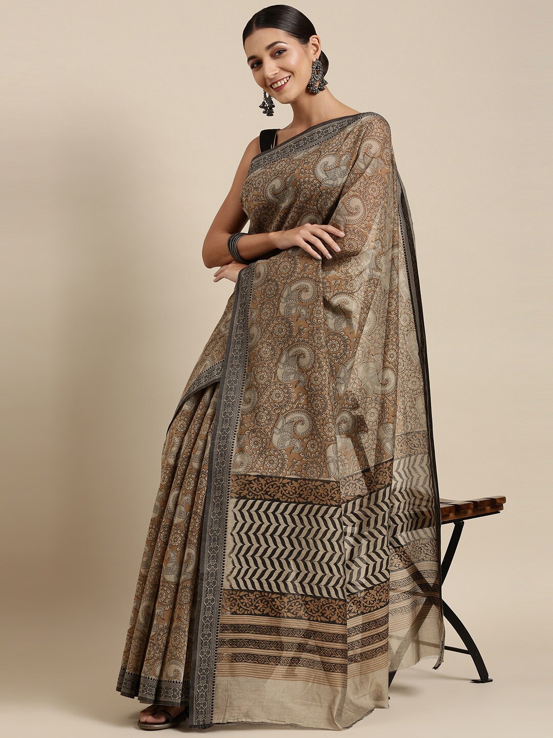 

The Chennai Silks Brown Kalamkari Pure Cotton Fusion Chanderi Saree