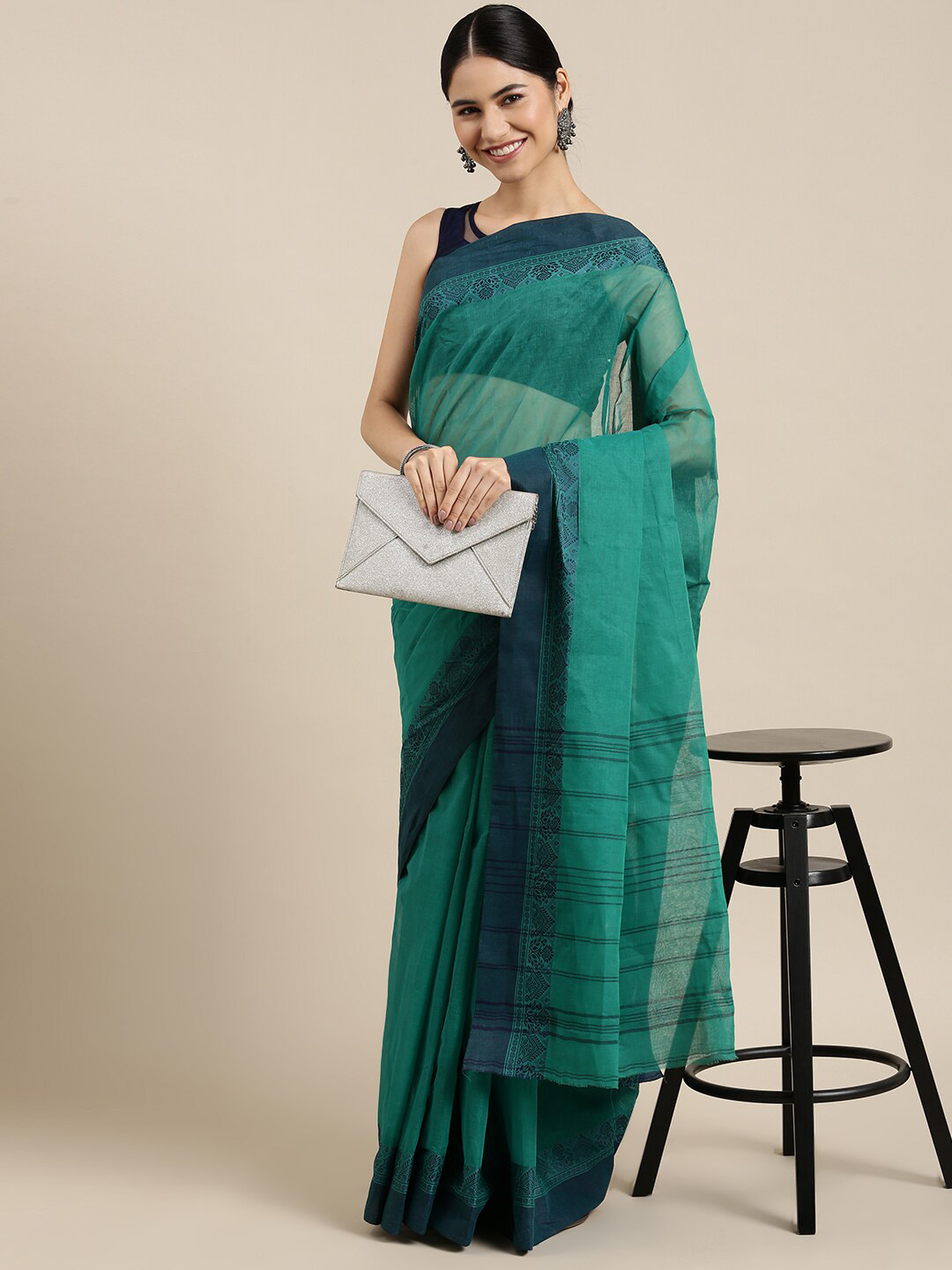 

The Chennai Silks Sea Green & Blue Pure Cotton Fusion Taant Saree