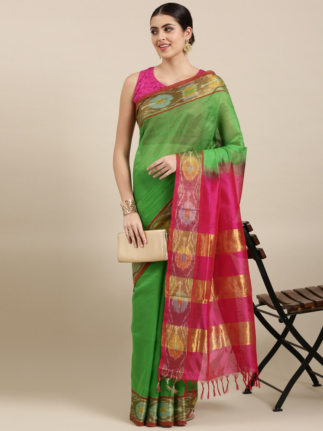 

The Chennai Silks Green & Pink Zari Silk Cotton Saree
