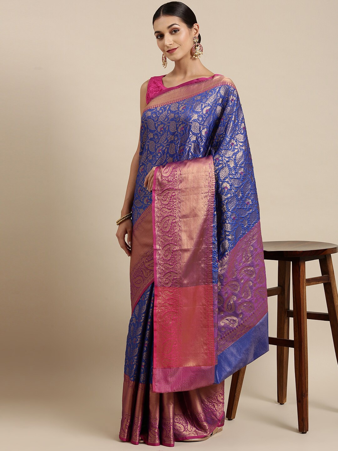 

The Chennai Silks Blue & Pink Woven Design Zari Organza Banarasi Saree